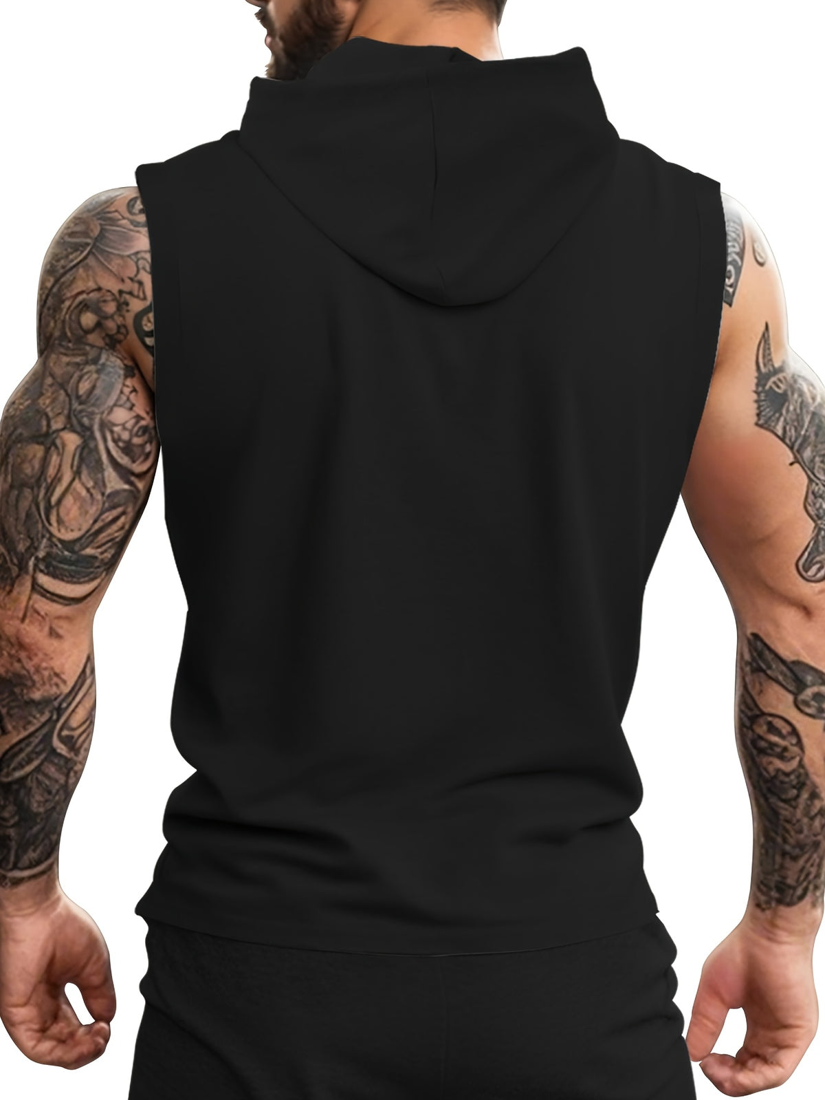 Men's Athletic Hooded Sleeveless Shirt - Gym Workout Top with Hood, Breathable Fabric for Running, Training, Casual Streetwear - Machine Washable Muscle Shirt (Non-Transparent), Workout Clothes, Training Gear, Sporty Design, Comfortable Fit, Performance - Black