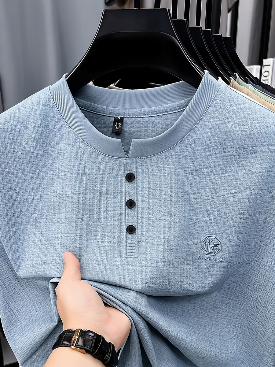 Men's Summer Short-Sleeve Crewneck T-Shirt - Breathable Business Casual Round Neck Base Layer Top, Solid Color Asymmetrical Hem Suitable for Daily Work Wear, Office & Casual Outfits, Machine Washable Light Luxury Style - Star Blue