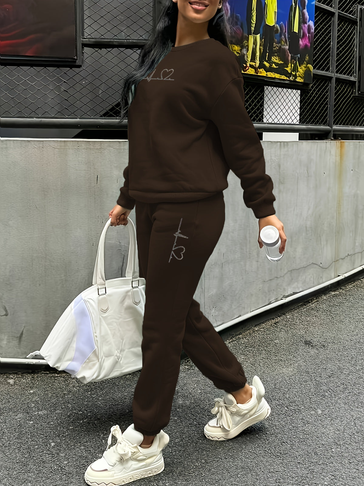 Women's 2pcs Fleece Sweatsuit - ECG Heart Print Warm Winter Tracksuit, Soft Polyester Matching Outfit with Pockets, Machine Washable & Outdoor Sweatsuits (Multiple Colors) for Fall/Winter, 2pcs set - Coffee Color