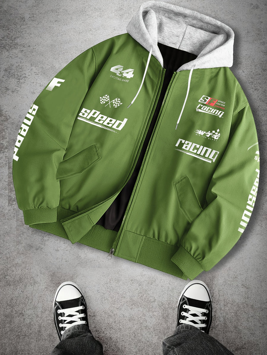 Casual American Street Racing Print Design Trendy 2-in-1 Look Hooded Jacket JK5682 - Bright Green