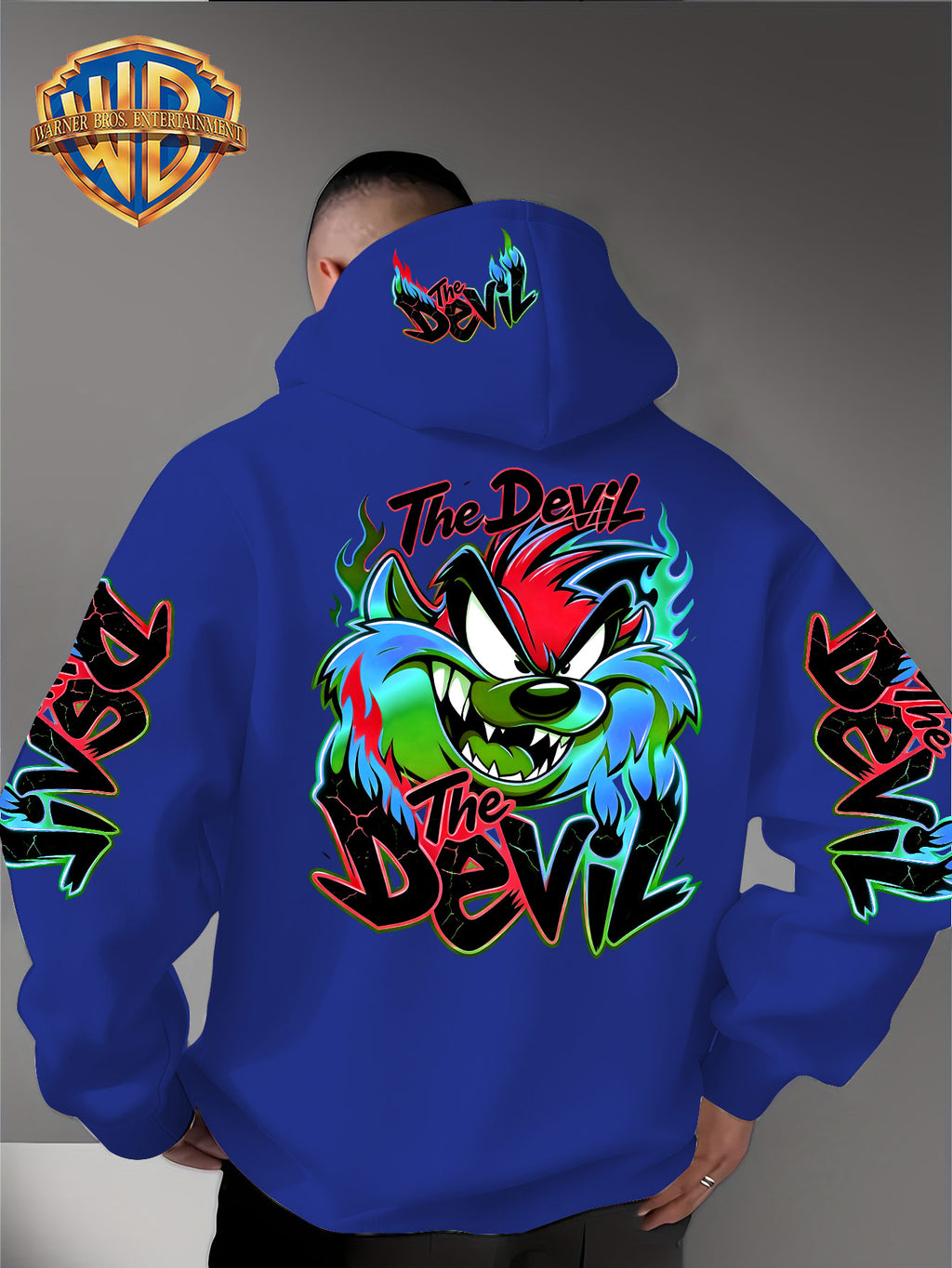 Le Yitong Flame Style Color-Block Graffiti Big Mouth Monster The Devil Print Hoodie, with Sleeve Print Design, Kangaroo Pouch And Drawstring Hood, Suitable for Autumn/Winter Casual Wear And Outdoor Activities - Blue