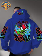 Le Yitong Flame Style Color-Block Graffiti Big Mouth Monster The Devil Print Hoodie, with Sleeve Print Design, Kangaroo Pouch And Drawstring Hood, Suitable for Autumn/Winter Casual Wear And Outdoor Activities - Blue