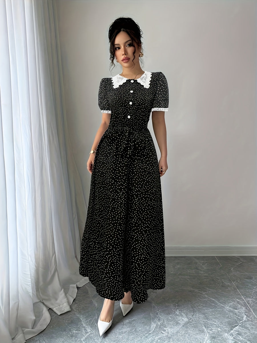 Elegant Lace-trimmed Polka Dot Color-block Long Dress with Waist Tie for a Fit - Black