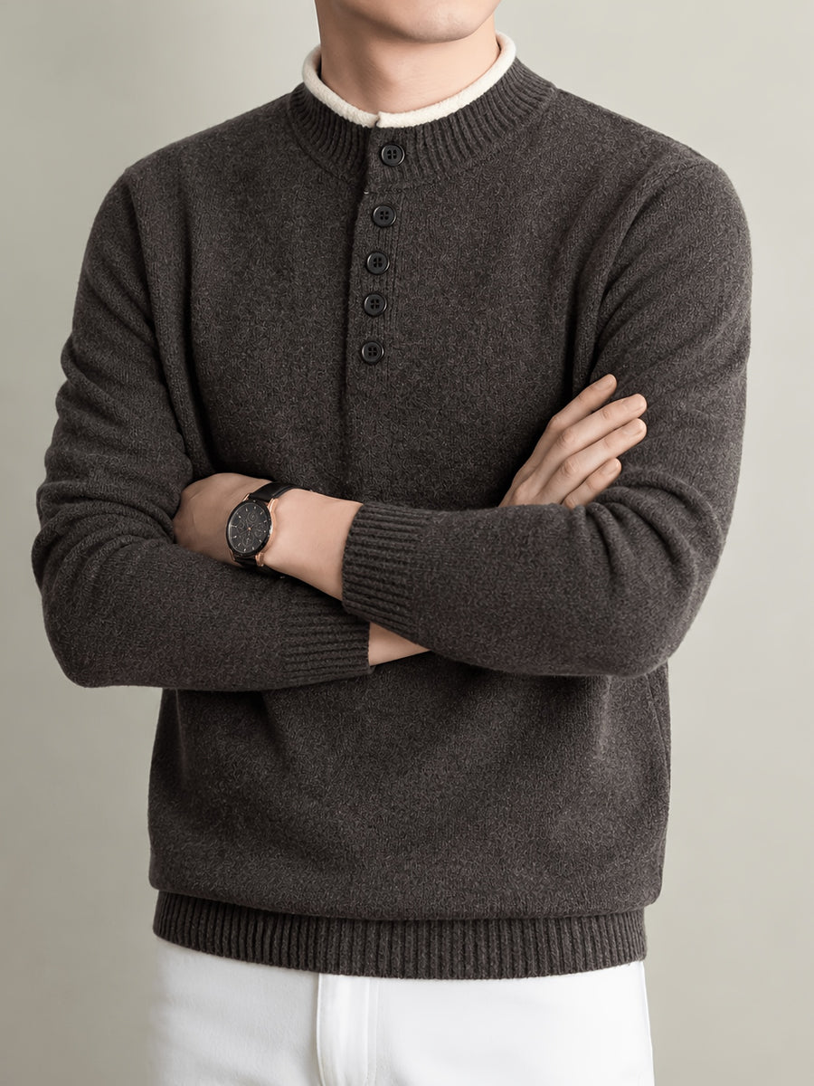 Du Jing Lan OBM Spring/Autumn New Arrival Men's Knit Pullover, Old Money Style Contrast Color Striped Half-Open Placket Stand Collar Knit Pullover, Men's Business Casual Fashion Knit Pullover, Suitable for Layering or Wearing as an Inner Layer - Coffee Color