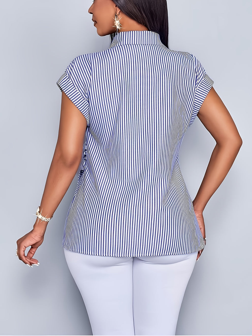 Batwing Sleeve Striped Shirt with Waist Tie, Suitable for Office, Home, and Date Wear - Bright Steel Blue