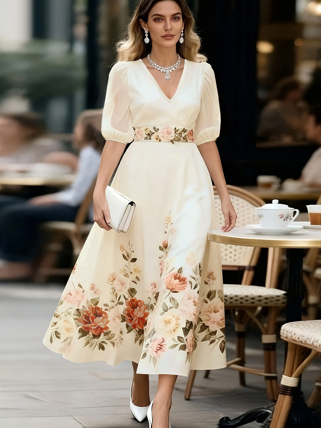 Elegant Temperament Printed Waist-Cinching Flared Dress - Apricot