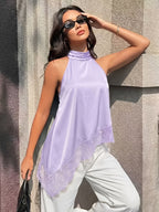 Women's Light Purple Camisole Top in Fabric, with an Asymmetrical Hem, Open Back Design, and Contrasting Lace Details, Regular Length - Light Purple