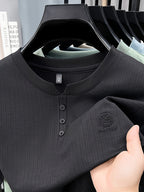Men's Summer Short-Sleeve Crewneck T-Shirt - Breathable Business Casual Round Neck Base Layer Top, Solid Color Asymmetrical Hem Suitable for Daily Work Wear, Office & Casual Outfits, Machine Washable Light Luxury Style - Moyu Black