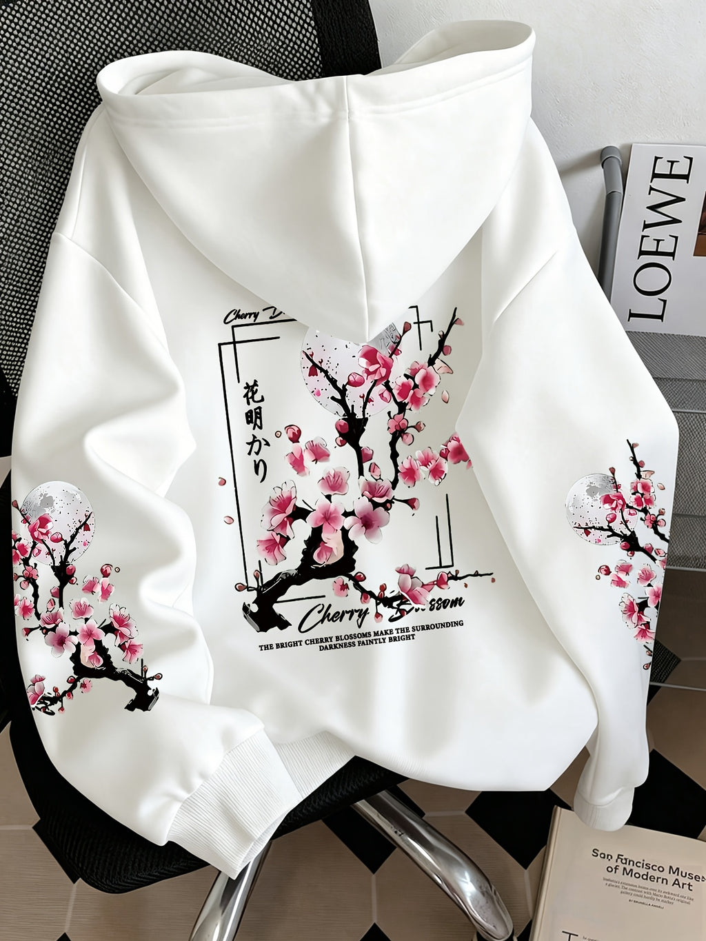 Women'S Fashion Cherry Blossom And Letter Print Casual Hooded Sweatshirt - White