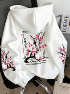 Women'S Fashion Cherry Blossom And Letter Print Casual Hooded Sweatshirt - White