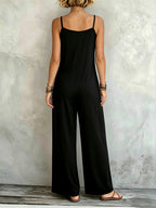Boho Solid Color Bohemian Style Spaghetti Strap Jumpsuit 2026 Spring Romantic Black V-Neck Loose Wide-Leg Jumpsuit, Daily Casual Vacation Style, Flattering and Versatile Pantsuit, Multiple Sizes Available - Black