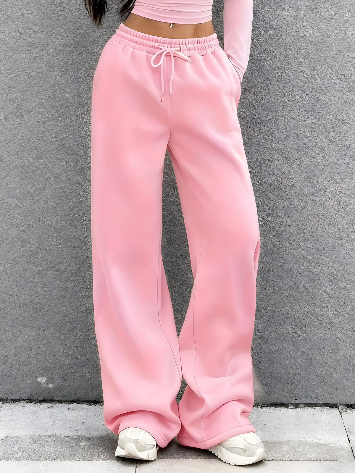 Women's Solid Color Wide-Leg Pants - Elastic Waist & Drawstring Pocket Sweatpants, Loose-Fit Full-Length Trousers for Casual Casual Attire, Lounge, Office & All-Season Comfortable (No  Needed) - Machine Washable Solid Coloration - Pink Color