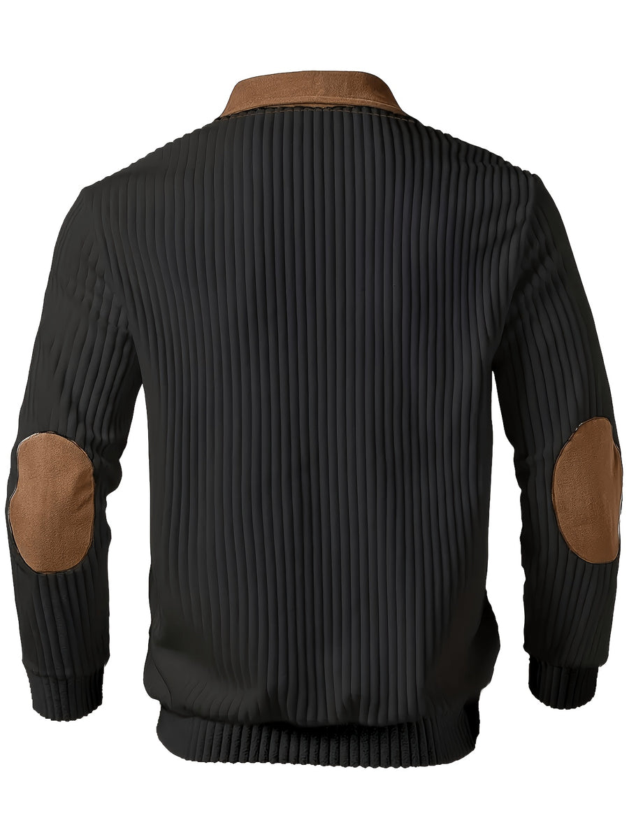 New Christmas Men's Autumn/Winter Brushed Ribbed Cable Knit Sweater, Casual Color-Block Long Sleeve Patchwork Plush Sport Henley Zip-Up Top - Black