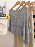 Women's Hollow-Out Cape Top, Boat Neck Irregular Hem Summer Beach Cover-Up, Seaside Bohemian Vacation Style Casual Top, Lightweight Breathable Loose Knitwear, Mesh Detail Horizontal Stripes, Relaxed Layering Style, Suitable for Holidays, Daily Wear - Space Gray