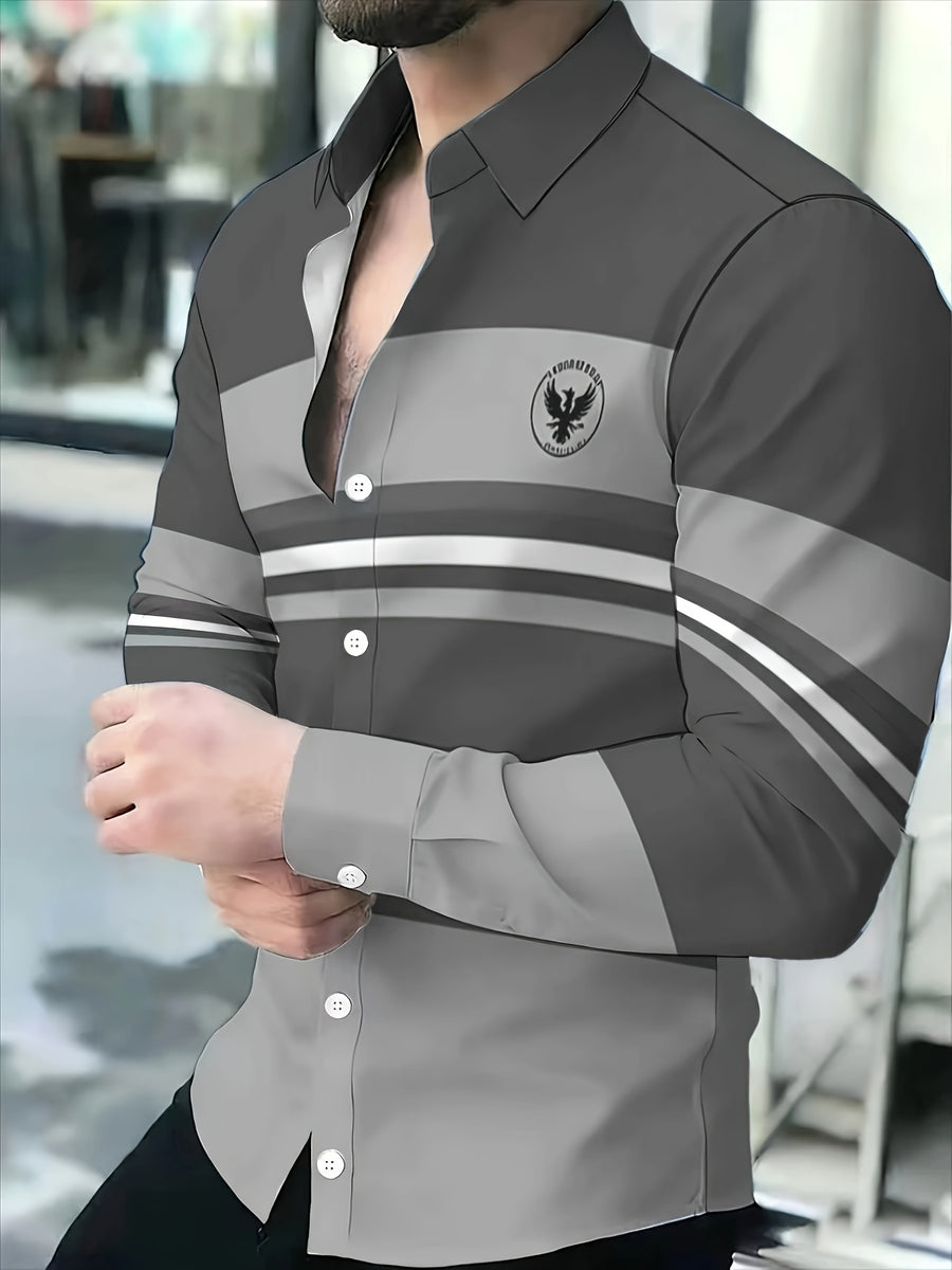 Men'S Color-Block Striped Long Sleeve Shirt, Casual Patchwork Design Fashion Men'S Top - Mixed Color 1