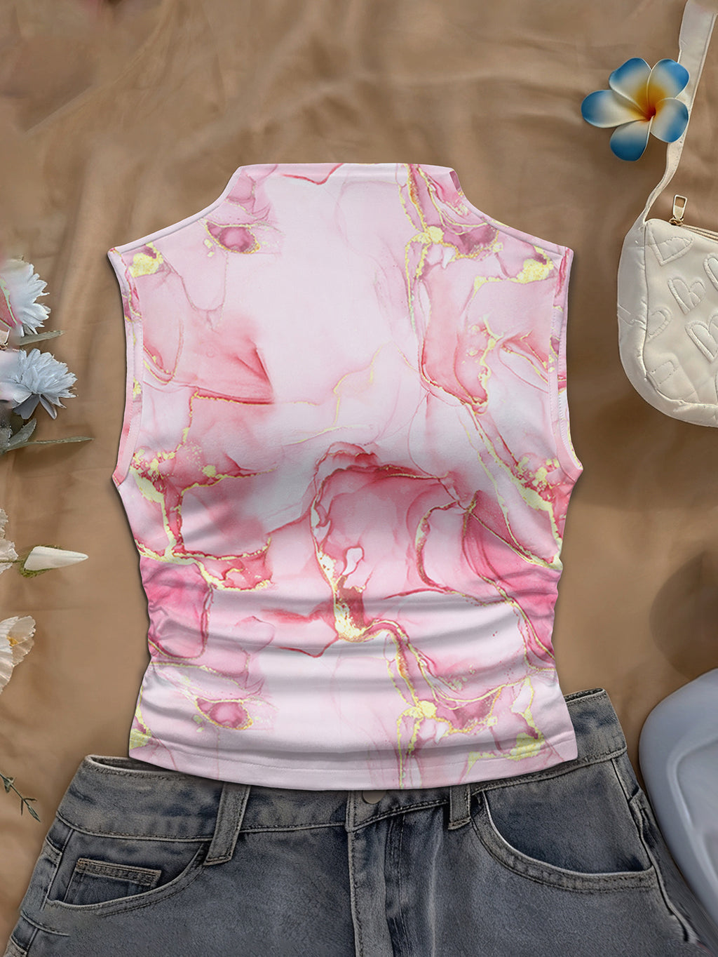 Women's Spring/Summer New Arrival Special Vintage Daily Casual Print Mock Neck Sleeveless Fitted Tank Top - Pink