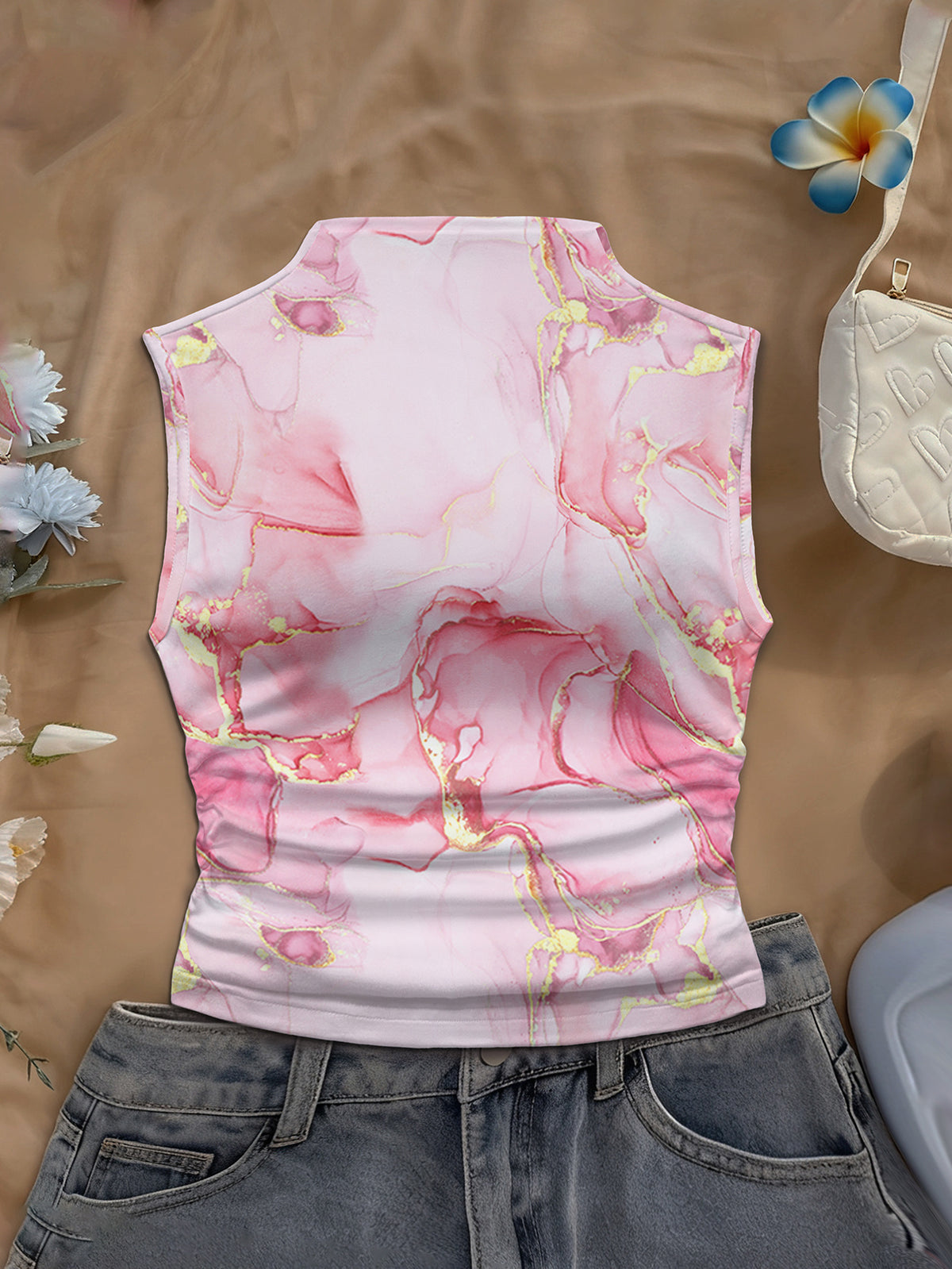 Women's Spring/Summer New Arrival Special Vintage Daily Casual Print Mock Neck Sleeveless Fitted Tank Top - Pink