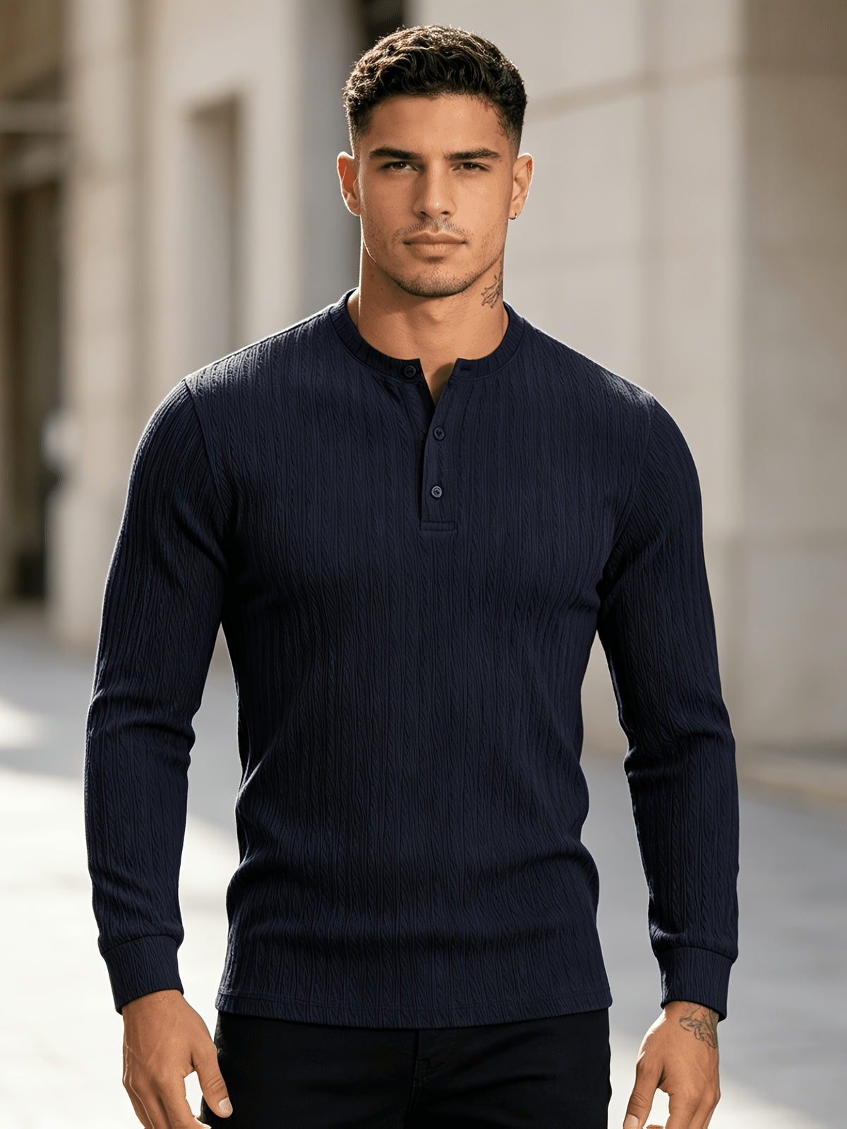 American-style Heavyweight Men's Knit Vintage Stretch Textured Pattern Casual Loose Fit Versatile Commuter Long-Sleeve Henley Shirt - Navy Color