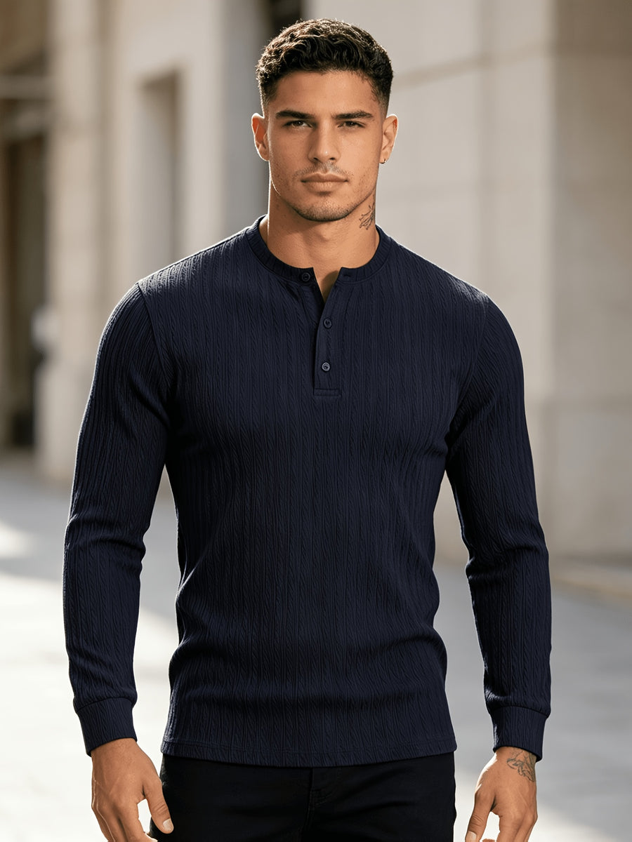 American-style Heavyweight Men's Knit Vintage Stretch Textured Pattern Casual Loose Fit Versatile Commuter Long-Sleeve Henley Shirt - Navy Color