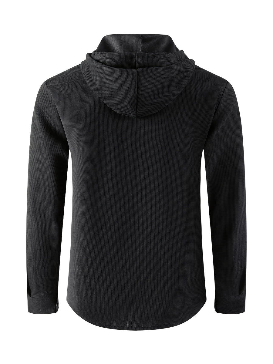 Men'S Waffle Knit Hooded Jacket - Button-Up Workwear Coat - Casual Jacket with Pockets - Spring And Autumn Commute Outfit - Korean Style for Outdoor Activities, Camping, Hiking - Black
