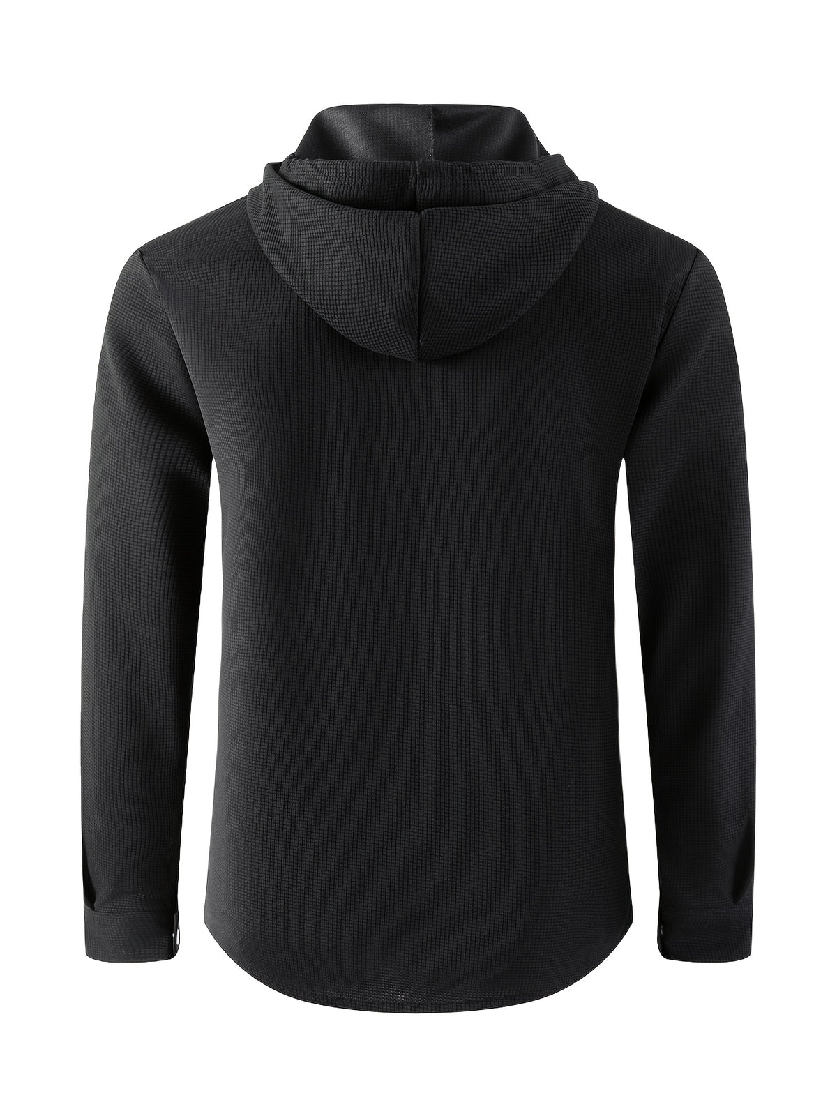 Men'S Waffle Knit Hooded Jacket - Button-Up Workwear Coat - Casual Jacket with Pockets - Spring And Autumn Commute Outfit - Korean Style for Outdoor Activities, Camping, Hiking - Black