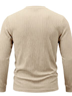 1pc Men's Casual Jacquard Henley Shirt, Autumn/Winter Stretchy Striped Jacquard Textured Fabric Long-Sleeve Polo Shirt, Outdoor Sports Versatile Base Layer Top - Apricot