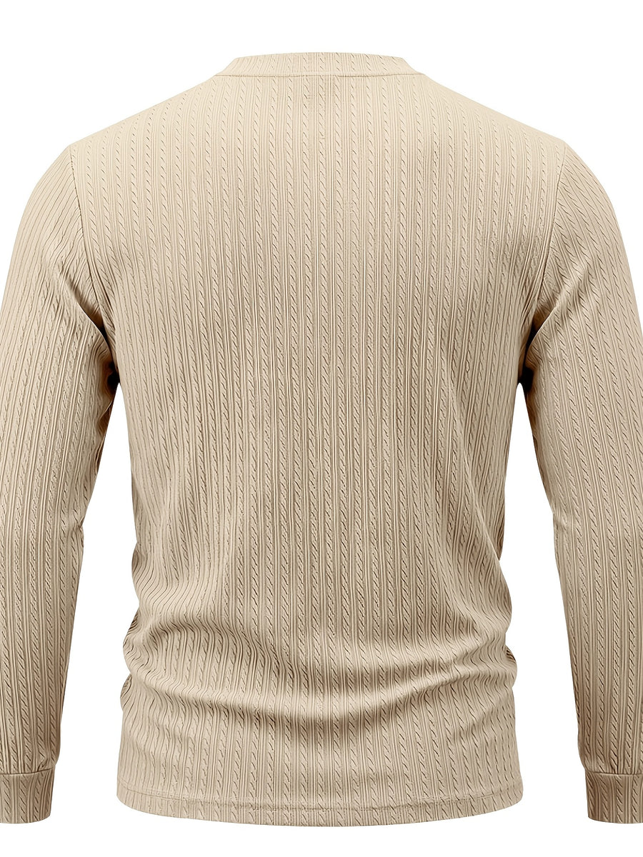 1pc Men's Casual Jacquard Henley Shirt, Autumn/Winter Stretchy Striped Jacquard Textured Fabric Long-Sleeve Polo Shirt, Outdoor Sports Versatile Base Layer Top - Apricot