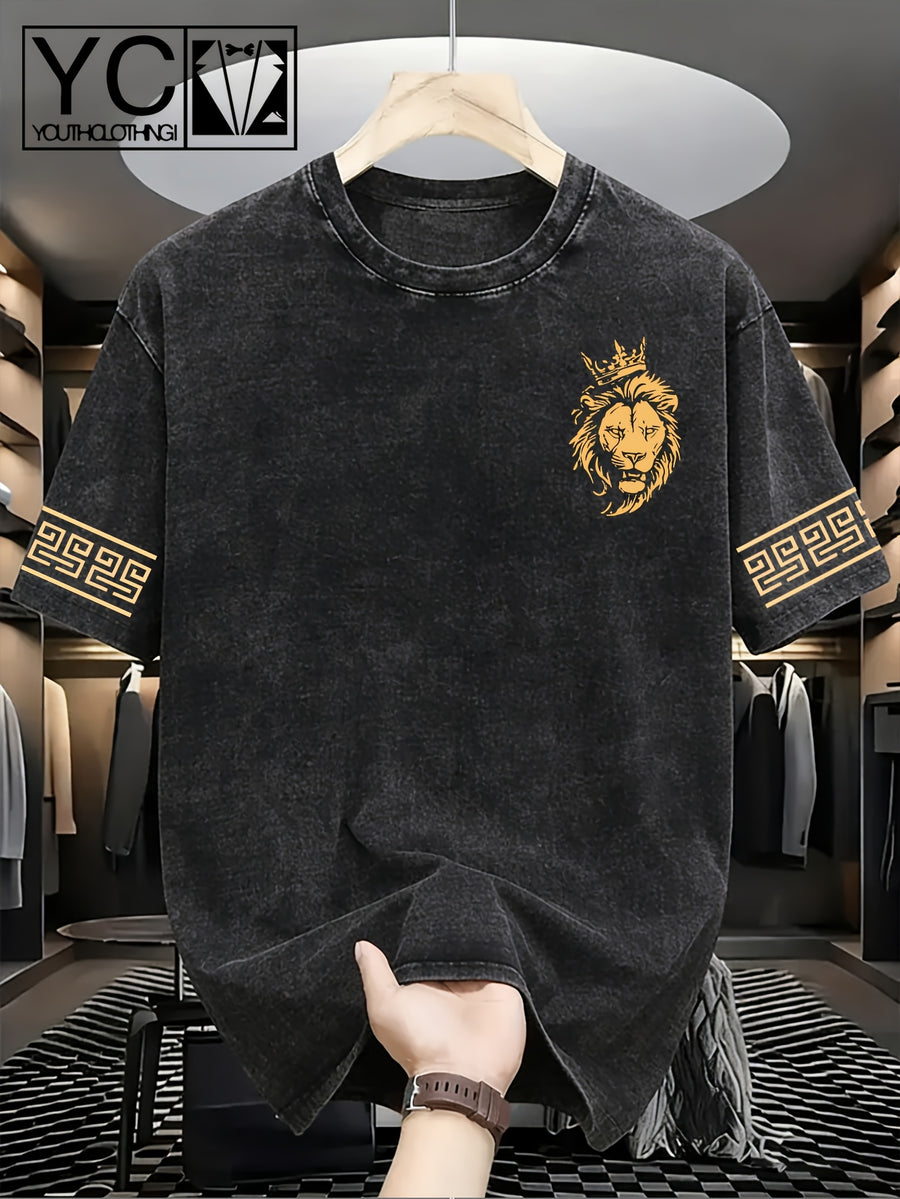 Men'S Short-Sleeve T-Shirt with Trendy Greek Key Pattern Print on Cuffs And Distressed Wash End; Machine-Washable, Loose-Fit Crewneck Top with Textured Washed Look - Black