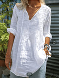 Women'S Long Sleeve Blouse Turtleneck V-Neck Top with Chest Stripe Holiday Travel Festive Wear Outerwear - White