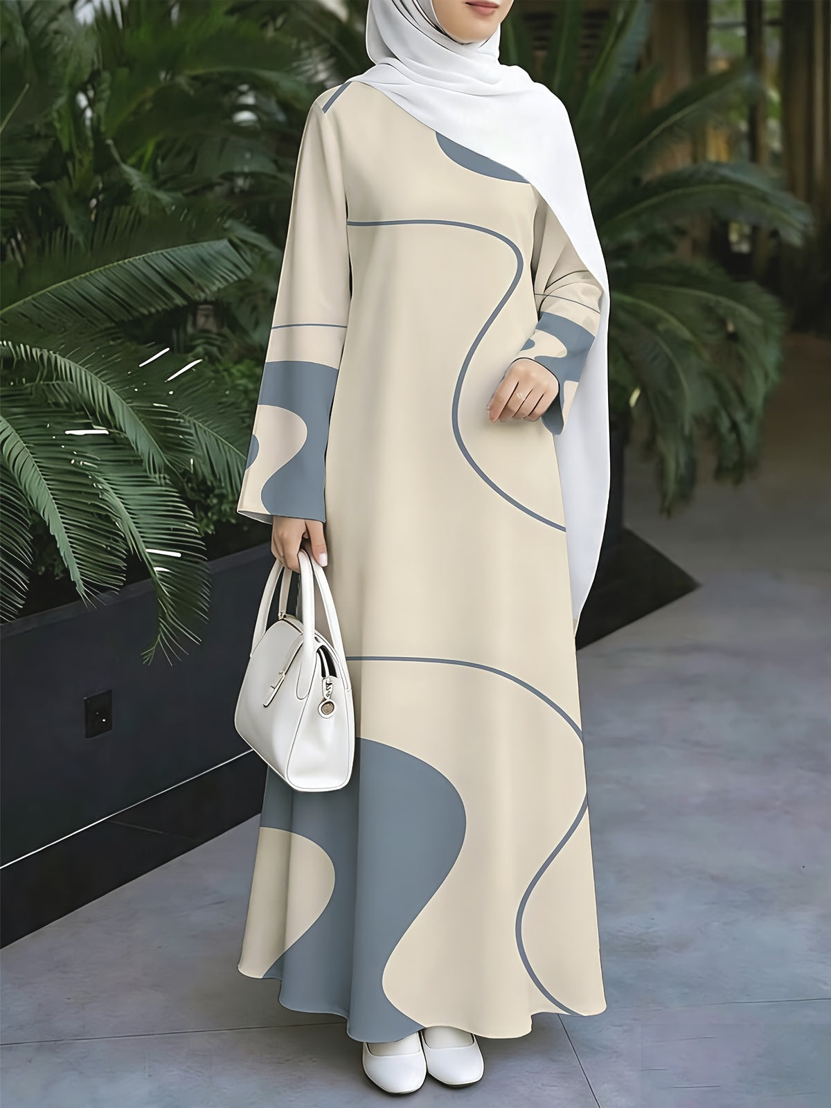 1pc 2D Flat Abstract Geometric Color Blocks + "Minimalist & Elegant" Slogan Muslim Long Dress Women's New Muslim Robe - Women's Loose-Fitting Long-Sleeved Printed Dress - Daily Commuting and Home Wear - Eid Festival Dress - Comfortable Abayas Robe - Mixed colors