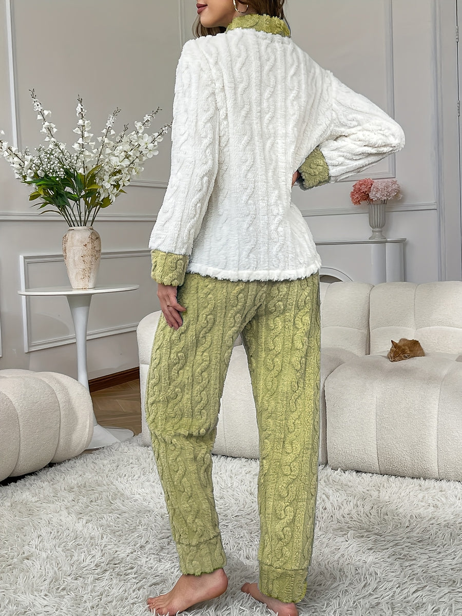 Plus Size 25AW Homewear Trend New Autumn/Winter Women's Pajama Cardigan Set with Long Sleeves and Long Pants, Embroidered Bear Pocket Design, Warm, Comfortable, Casual, Jacquard Loose Fit Loungewear - Matcha Color