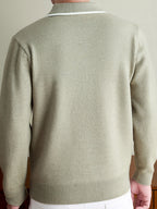 Men'S Color-Block Trimmed Lapel Long Sleeve Knit Sweater, Ribbed Cuffs And Hem, Versatile for Casual And Business Casual Wear - Light Green