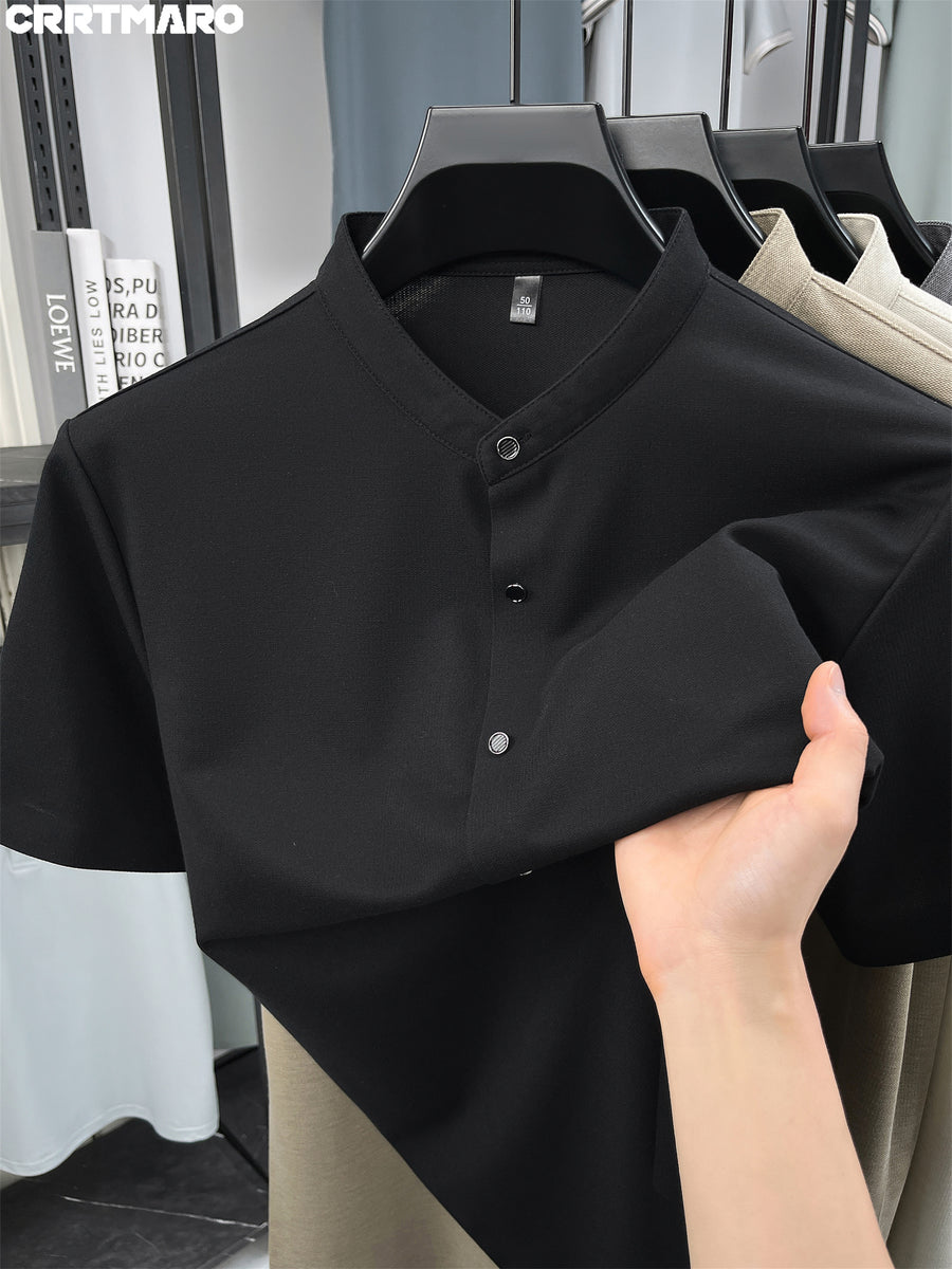 Kartmar CRRTMARO Summer New Chinese Stand-Up Collar Shirt Men'S Short Sleeve High-End Mandarin Collar Dress Shirt Business Casual Men'S Top Tiamai - Black