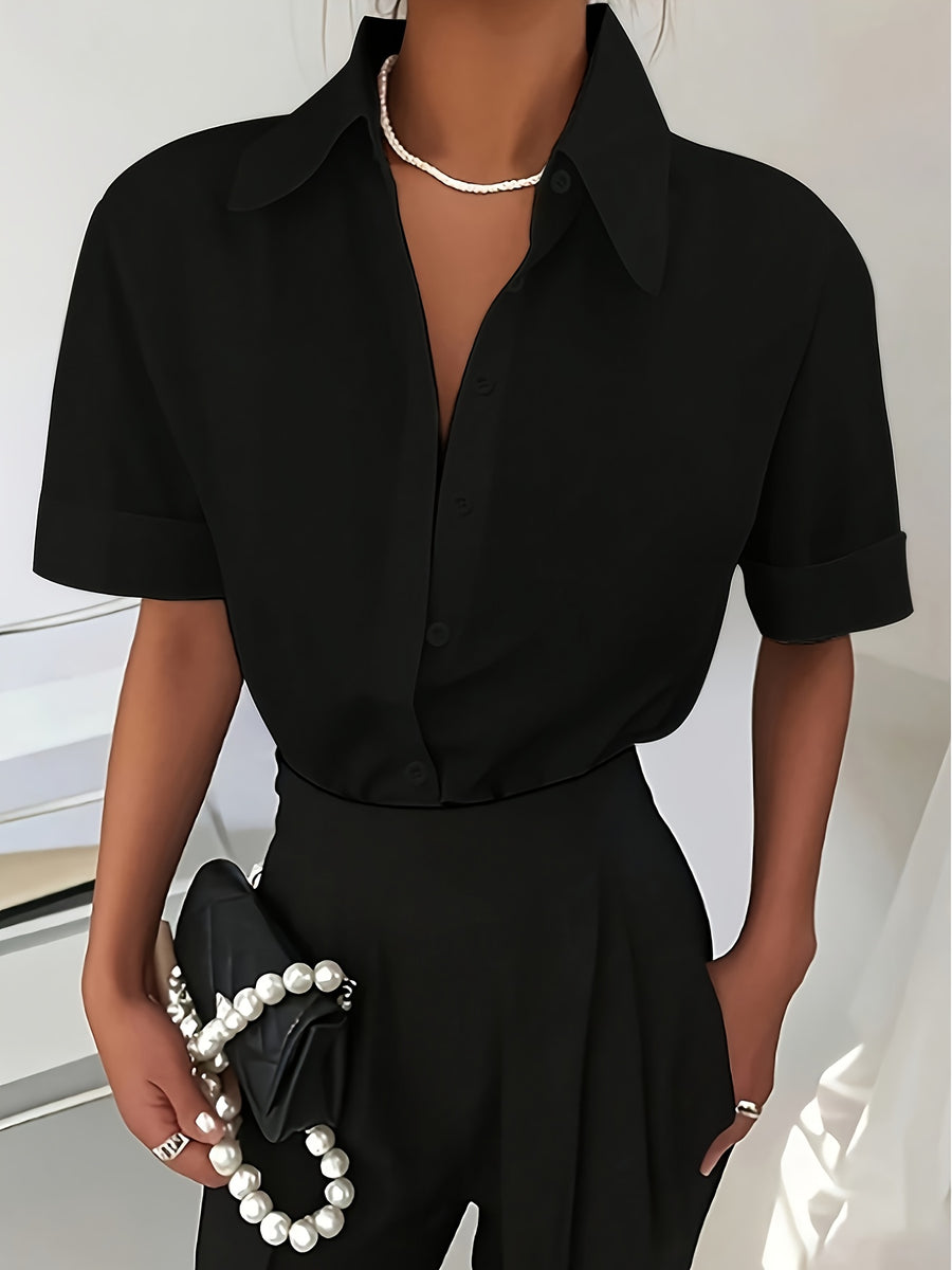 Women's Solid Color Elegant Neckline Short Sleeve Shirt - Black