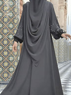 Middle Eastern Solid Color Women'S Robe with Pearl Sleeves Dress And Long Scarf 2pcs Set, Ideal for Women'S Daily Wear, Travel, And Ramadan - Graphite Color