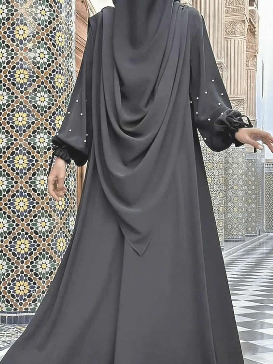 Middle Eastern Solid Color Women'S Robe with Pearl Sleeves Dress And Long Scarf 2pcs Set, Ideal for Women'S Daily Wear, Travel, And Ramadan - Graphite Color