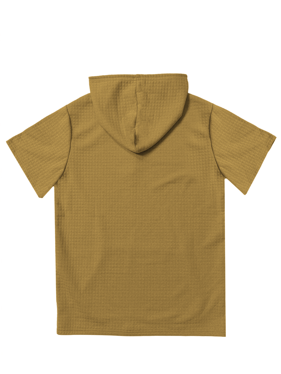 Y3 Men's Waffle Knit Short Sleeve Hooded Sweatshirt with Comfortable Print and Drawstring, Short Sleeve T-Shirt with Pocket, Summer Casual Fashion Men's Apparel, Suitable for Outings and Home Wear, Suitable for Daily and Formal Wear, Simple Summer - Khaki