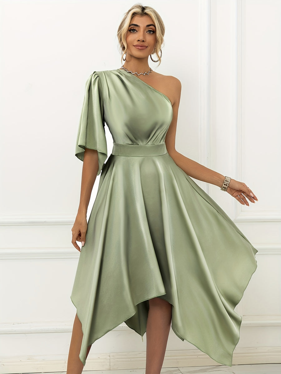 Women's Elegant One-Shoulder Asymmetrical -Line Dress with Irregular Hem - Suitable for Weddings, Parties & Proms, Machine Washable Solid Color Evening Gown, Year-Round Versatile Formal Dress - Matcha Color