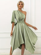 Women's Elegant One-Shoulder Asymmetrical -Line Dress with Irregular Hem - Suitable for Weddings, Parties & Proms, Machine Washable Solid Color Evening Gown, Year-Round Versatile Formal Dress - Matcha Color