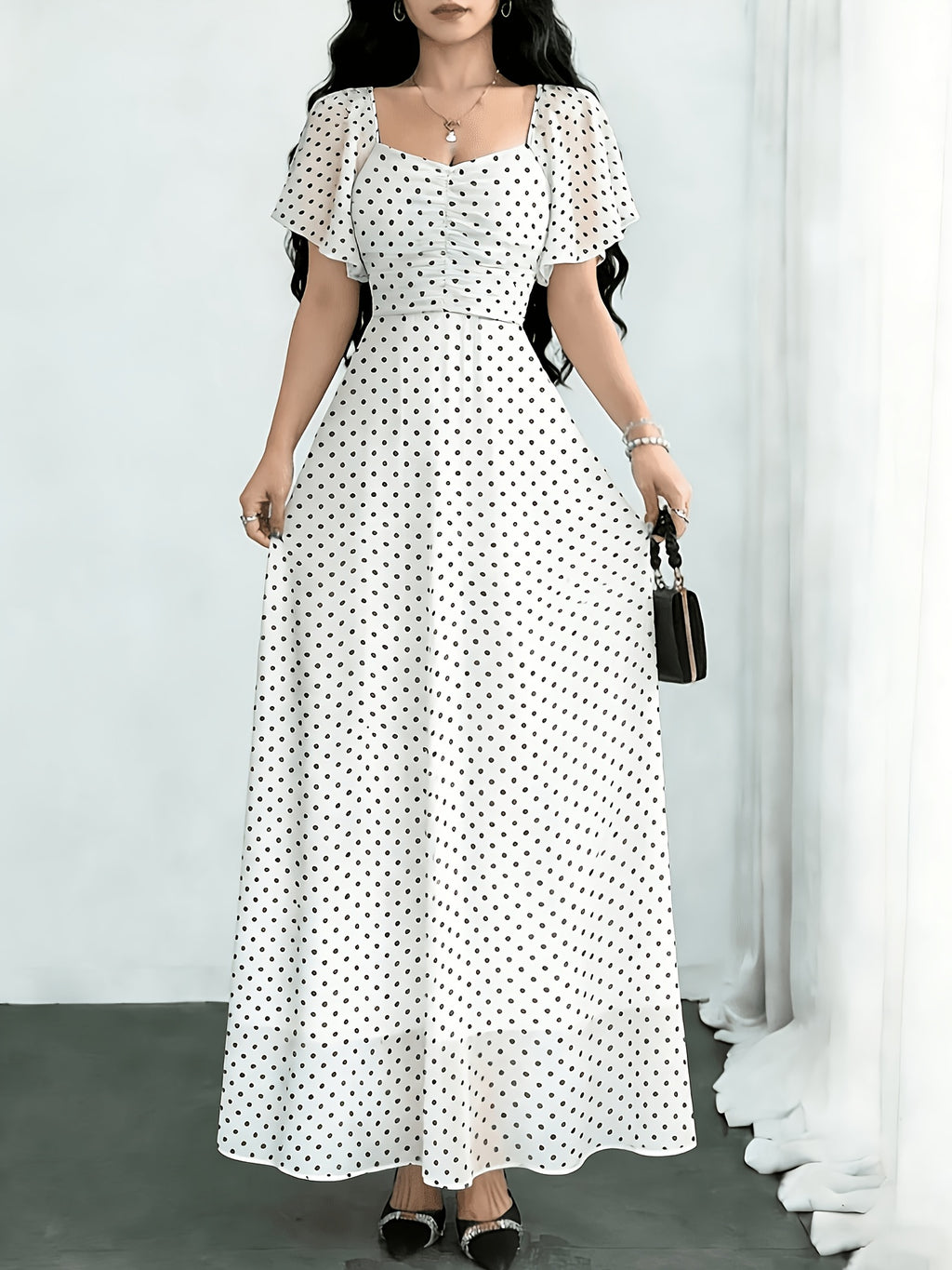 New Summer 2026 Chiffon Polka Dot Print Batwing Sleeve Sweet French-Style Mini Dress, Summer Maxi Dress - White