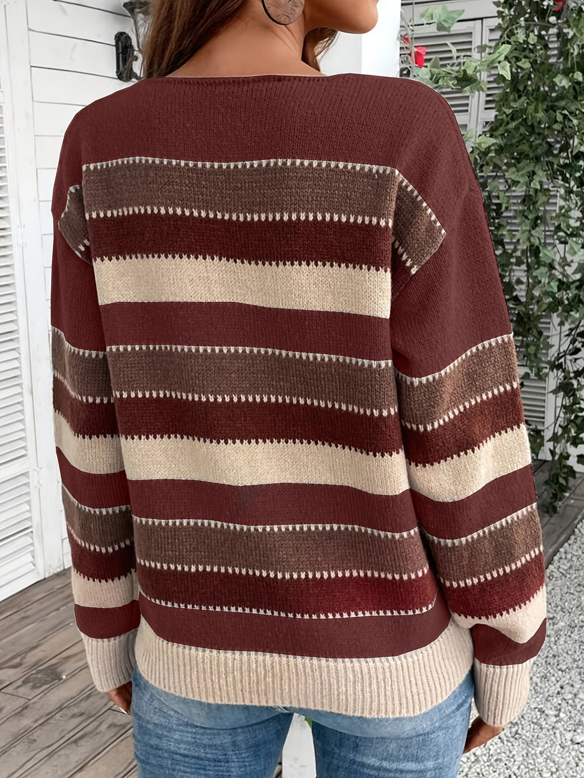 Women's Vintage Casual Sweater - Soft Medium-Stretch Round Neck Long Sleeve, Horizontal Striped Loose Fit Pullover for All-Season Comfort & Everyday Elegance, Cute Sweaters, Elegant Layering Piece, Durable Knitwear - Brick Red