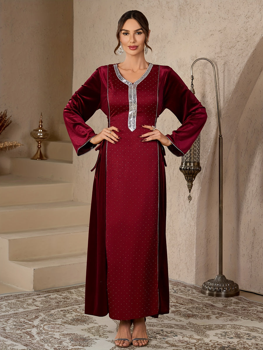 A Single Piece Women'S Autumn And Winter Middle Eastern Style V-Neck Long Sleeve A-Line Dress - a Wine Red Sequined Embroidered Fashionable Dress with Traditional Elegant Side Ties, Adorned with Golden Velvet for Festive Decoration - Burgundy