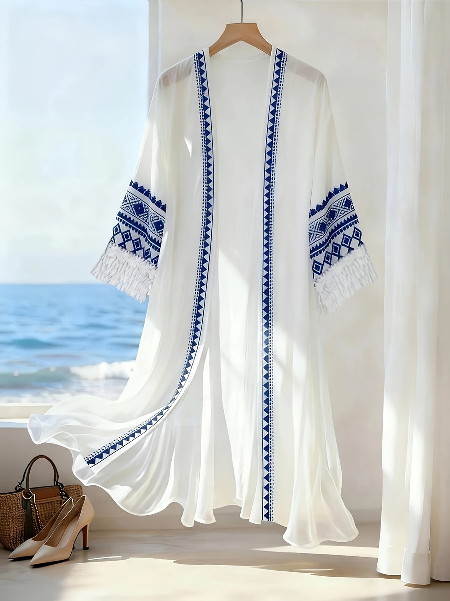 Women'S Geometric Lace Trim Pattern Chiffon Casual Beach Cover-Up, Versatile for Vacation, Daily Wear, Commute, Fashion, French Style, Business Occasions, Spring Summer Wear, 3/4 Sleeve Design, Lightweight Cover Top - White