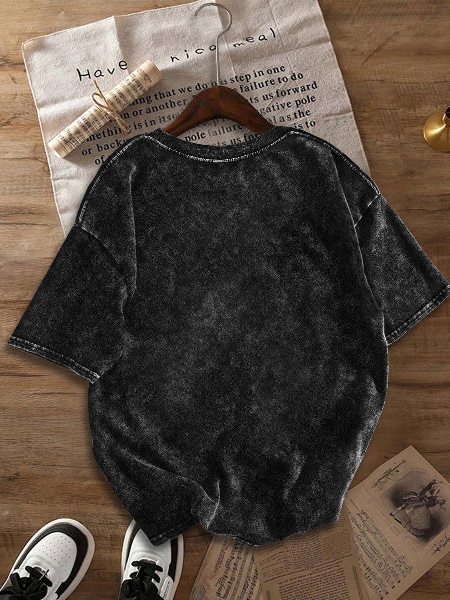 Women's Retro-style Drop-shoulder Loose-fitting Solid Color Pure Washed T-shirt, Fashionable and Casual Short-sleeved Top, Suitable for Everyday Casual Wear, Street Style. - Black