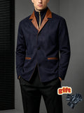 Men'S Retro Color-Block Lapel Jacket, Contrast Trim 3-Button Double Pocket Coat, Business Casual All-Season Outerwear (Free Gloves) P - Navy Color