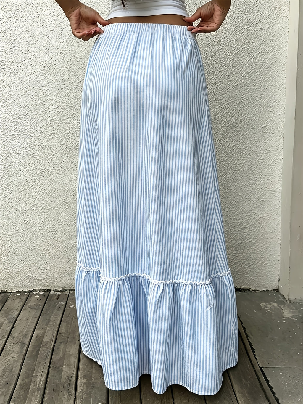 Women'S Midi Skirt, Fashionable, Elegant And Casual Women'S High-Waisted A-Line Long Midi Skirt, Striped Print Element, Light And Inelastic Fabric, High-Waisted High-Elastic Elastic Waistband Design, Suitable for Vacation, Dating, Commuting - Sky Blue