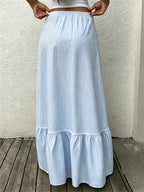 Women'S Midi Skirt, Fashionable, Elegant And Casual Women'S High-Waisted A-Line Long Midi Skirt, Striped Print Element, Light And Inelastic Fabric, High-Waisted High-Elastic Elastic Waistband Design, Suitable for Vacation, Dating, Commuting - Sky Blue