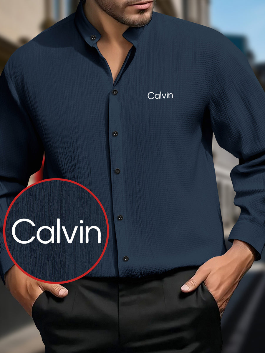 Men'S Casual Solid Long Sleeve Shirt - Breathable Textured Fabric, Stand Collar And Button-Up Placket, "Calvin" Letter Print Design, Machine Washable Regular Fit for Spring/Fall Casual Wear, Minimalist Style Non-Stretch Fabric - Navy Color