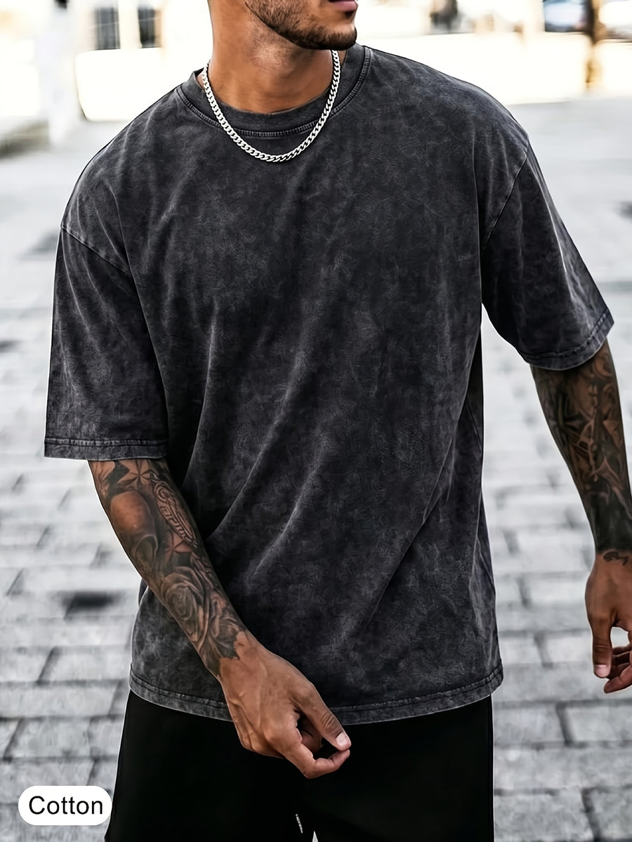 Men's American High Street Vintage Washed Crew Neck Short Sleeve T-Shirt, Cool Loose Fit Drop Shoulder Top for Men, Relaxed Casual Style for Daily Commuting and Streetwear, Versatile Street Fashion, Oversized Basic Summer Outfit, Half-Sleeve Short - Black