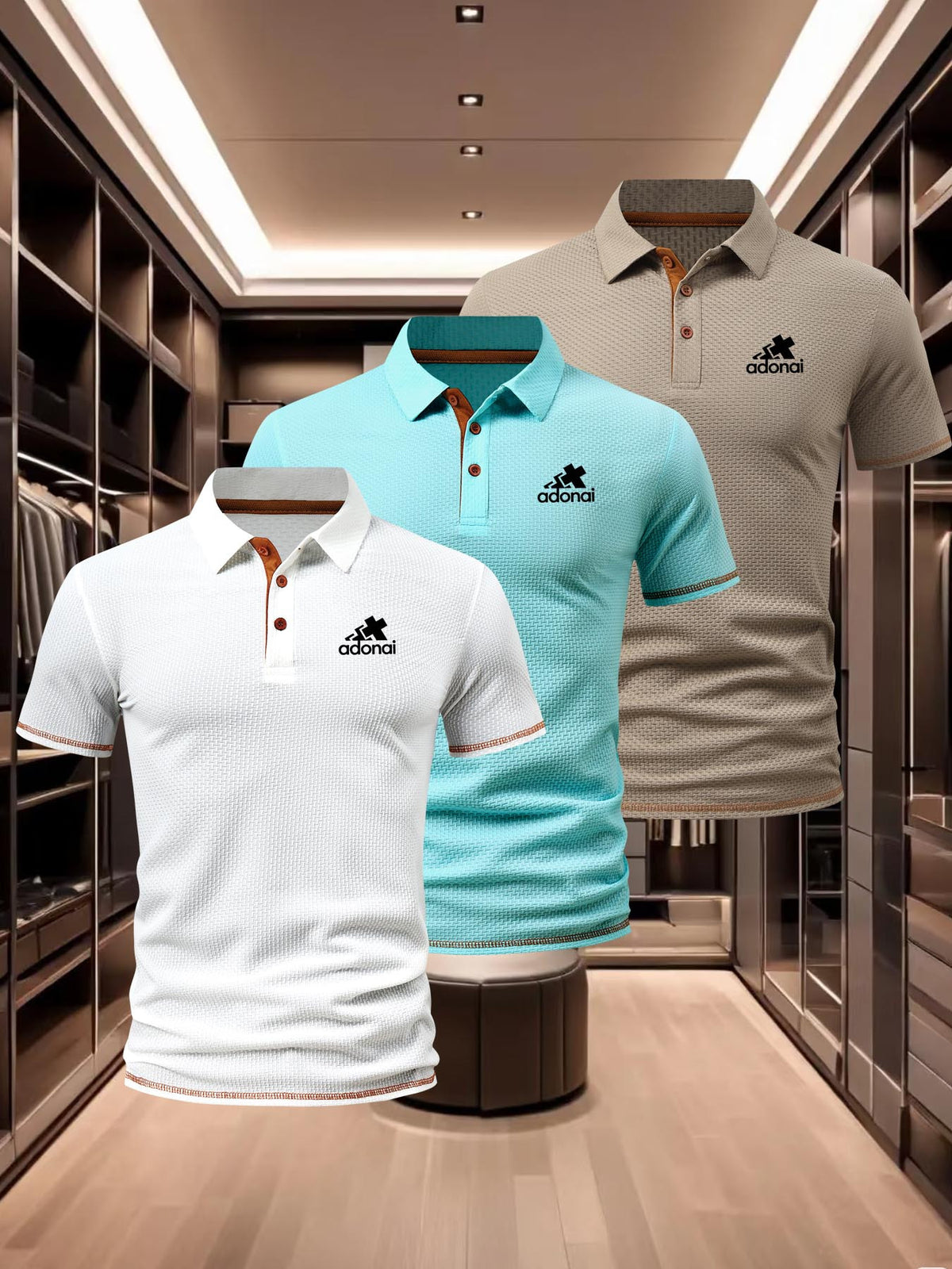 Middle-Aged Men'S Polo Collar Summer 3pcs Set Short-Sleeve Polo Shirts, Cross-Ado Pattern, Caramel Brown 3-Button Placket, Tricolor Waffle Fabric, Commuter Outdoor Breathable Men'S Clothing - White